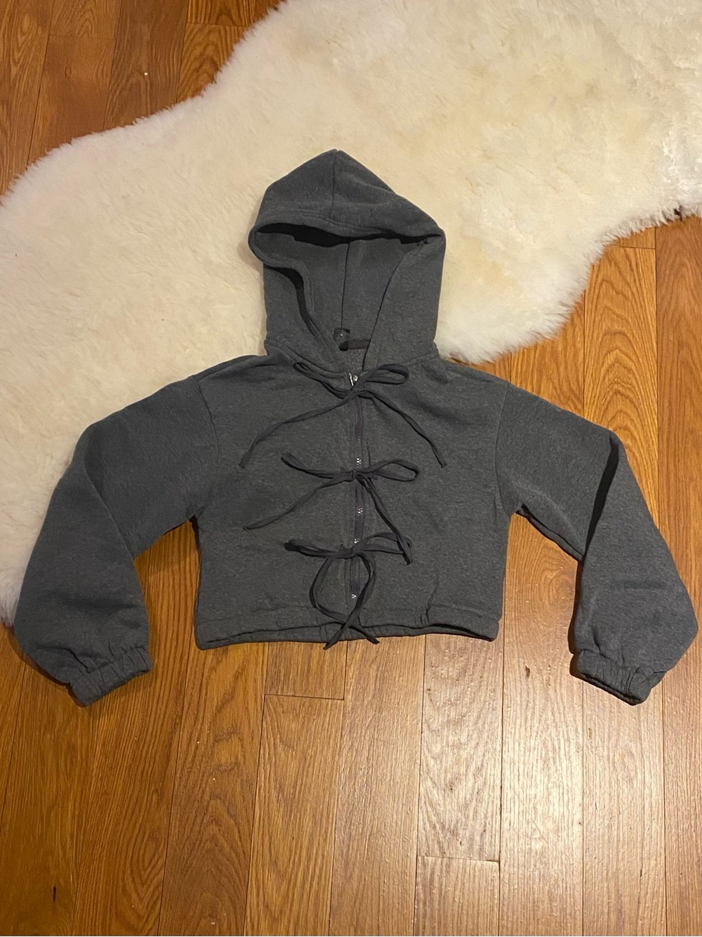 Cropped Dark Gray Hooded Tie-Front Jacket